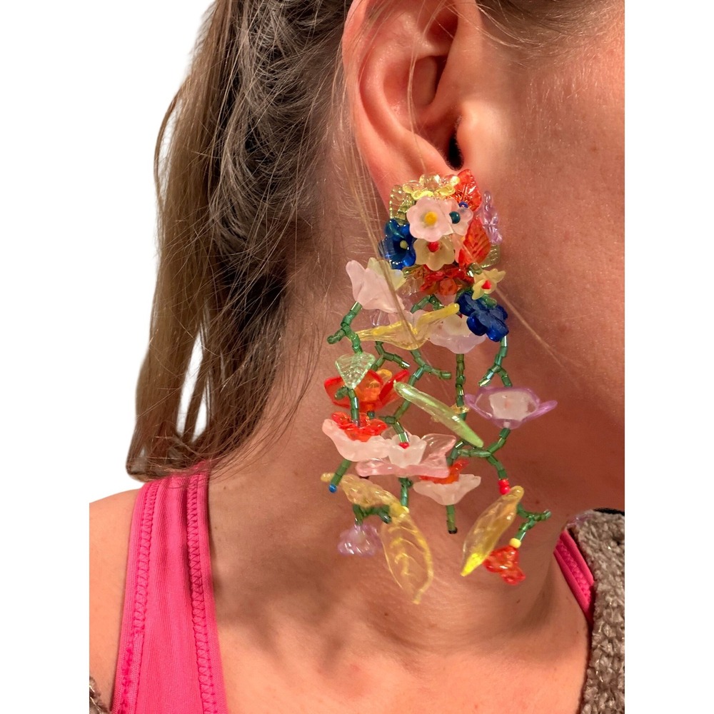 Multi Color Floral Beaded Statement Earrings Maximalist Flower Drop Dangle